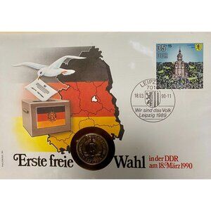 First Free Election DDR 1990 Coin & Stamp Commemorative Card Leipzig Germany